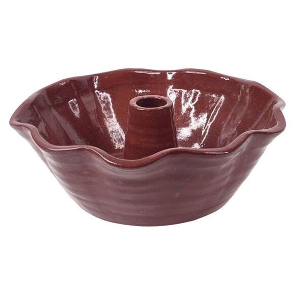 Vintage SJ Pottery BUNDT CAKE PAN 9" Redware Fluted Mold Bowl Dish Bethel MO USA - Picture 2 of 6